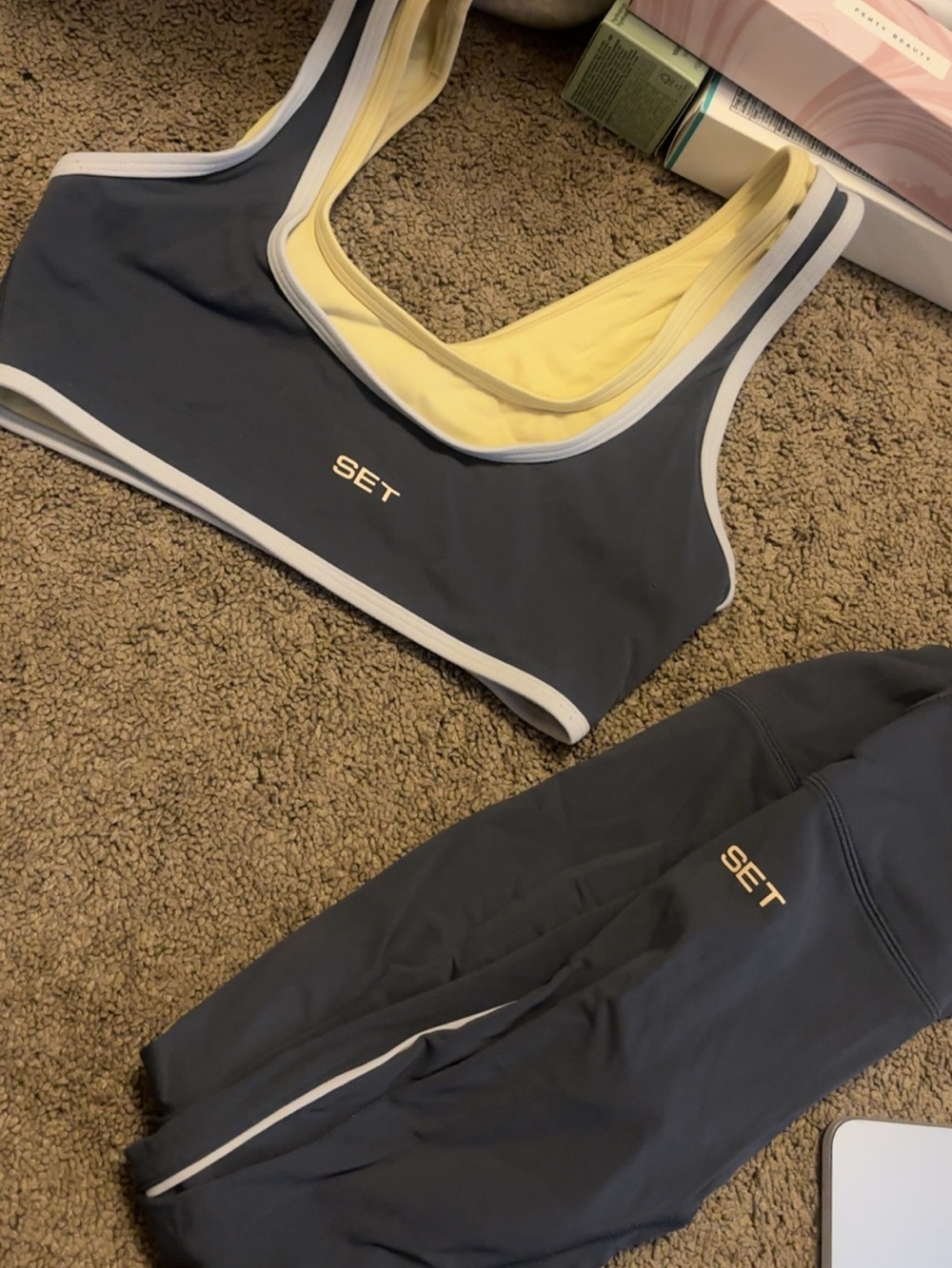 SET Active Charcoal Gray and Pale Yellow Reversible Sports Bra